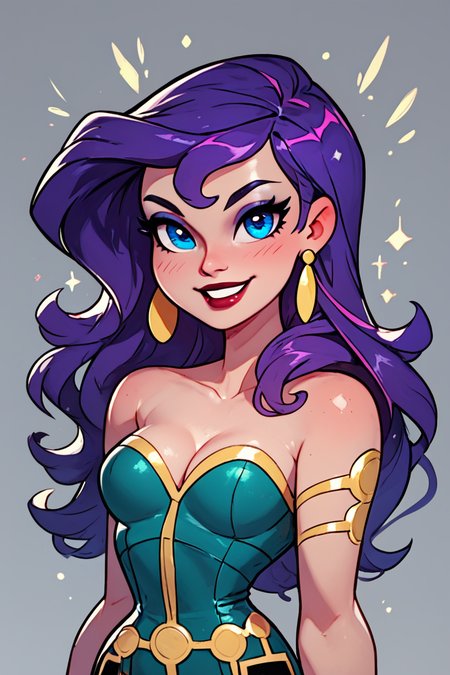 score_9, score_8_up, score_8, medium breasts, (curvy), cute, eyelashes,       BREAK, , ,,,    zzCirce, blue eyes, purple hair, long hair, bare shoulders, jewelry, earrings, makeup, lipstick, cleavage,  ,<lora:Circe_JLU_PDXL:1.0>,   ,,, , BREAK, smile, looking at viewer, cowboy shot, ,,, embedding:zPDXL, Expressiveh, ,,, <lora:CuteToonPDXL:0.8>, <lora:SDXLFaeTastic2400:0.5>, <lora:Expressive_H-000001:0.4>,