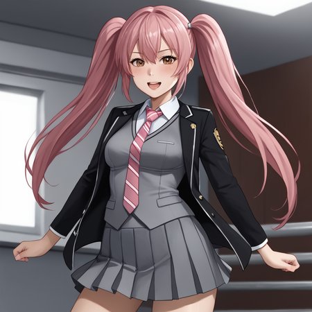 <lora:NocePinkGirl_pony_v1:0.8> PinkGirl, 1girl, solo, twintails, medium breasts, long hair brown eyes, pink hair, cowboy shot <lora:1014 Home wear 32_v1_pony:1> uanyi1014,black jacket,grey skirt,grey vest,pleated skirt,striped necktie,clasp,