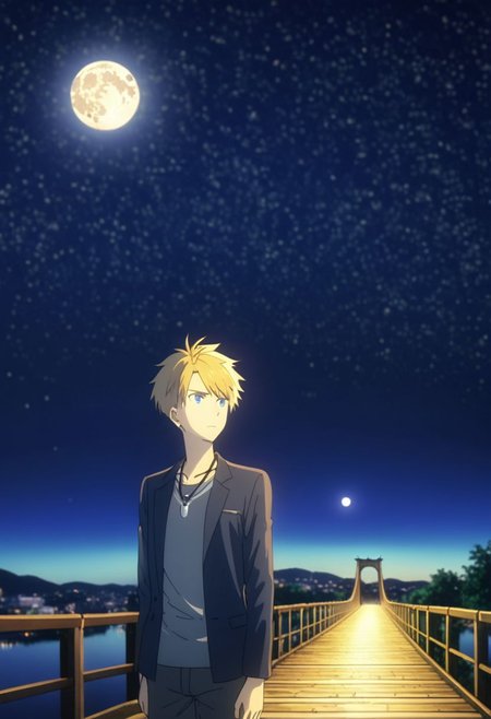 high resolution, professional photography, best quality, 1Boy, Yamato Ishida, blond hair, deep blue eyes, necklace, depth of field, bright moon, fantastic night, stary sky, dreamlike, midle of bridge, OverallDetail