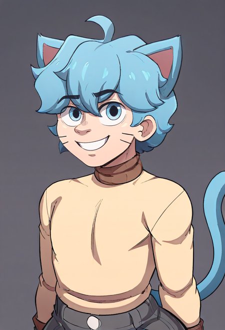 Gumball Watterson, 1boy, male focus, looking at viewer, blue tail, solo, tail, brown collar turtleneck sweater with brown cuffs, dark grey pants, whisker markings, cat boy, socks, blue eyes, blue hair, cat ears, cat tail, thick thighs, ahoge, ((upper body, portrait)), simple background <lora:Gumball-Illustrious-XL:1>