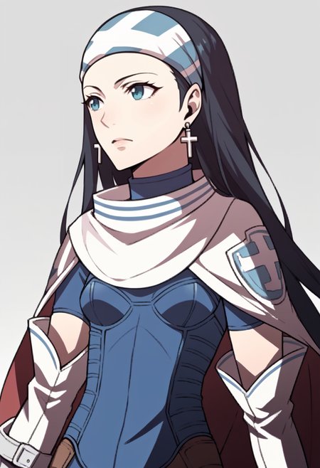 score_9, score_8_up, score_7_up, source_anime BREAK 1girl, solo,
<lora:zs_AwakeningPortraitsXL:1> awakeningportraits, portraits, white background
 <lora:zs_BethXL:1> bethsmtii, long hair, black hair, headband, blue bodysuit, skirt, cape, elbow gloves, thigh boots, cross earrings