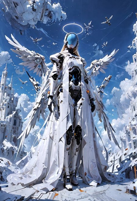 score_9, score_8_up, score_7_up, 
painting, (angel), (wings), (white, marble), pure, flowing, (halo), holy, powerful enemy, angelic, Robot Skin, Android Skin, 
BREAK
basking in sunlight ((full body, upper body shot)), surrounded by clouds, 
BREAK 
rating_questionable, highly detailed, best quality, masterpiece, digital_art, 
<lora:Mechanism-pdxl-1:1.0>