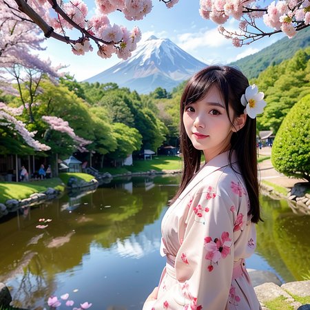 landscape,(8k),best quality, (photorealistic,realistic:1.2), soft focus, cherry blossom, detailed backgroung is mount fuji,
1girl, solo, detailed face, pale skin, standing,black hair,(hair ornament:1.35), (looking at viewer:1.5), short hair, black eyes, bangs, pink lips, detailed  kimono,  <lora:taiwanDollLikeness_v10:0.3>, <lora:anotherpureface_v10:0.2>