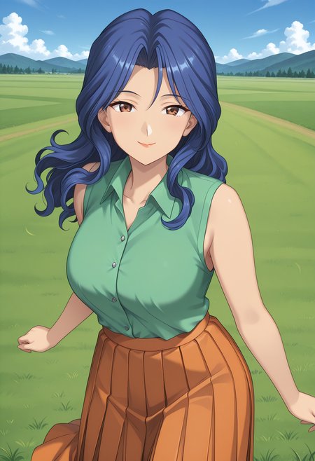 kuon_saya, brown eyes, blue hair, long hair, mature female, collared shirt, green shirt, sleeveless, orange skirt, pleated skirt, <lora:kuon_saya_illustrious_ver1:0.8> 
smile,, 1girl, solo, blue sky, (grasslands:1.2), looking at viewer,, masterpiece, best quality, general,, (cowboy shot, dynamic pose:1.4),