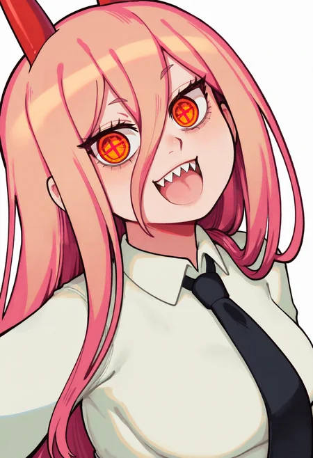 best quality, amazing quality, very aesthetic, absurdres, BREAK
1girl, power \(chainsaw man\), pink hair, blonde hair, red horns, red eyes, cross-shaped pupils, long hair, sharp teeth, hair between eyes, symbol-shaped pupils,
collared shirt, black necktie, long sleeves,
looking at viewer, white shirt, open mouth,
simple background, white background, smile, upper body, <lora:NivarisNoob_byKonan:1>