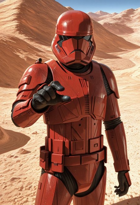 detailed background, cowboy shot, solo, 1boy, SithTrooper, red armor, red helmet, black visor, directing wit hand to viewer, Star Wars scenery, desert planet, dust on armor, detailed scenery, masterpiece, best quality, very aesthetic, newest, masterpiece, best quality, amazing quality, very aesthetic, absurdres, newest,, high res, ultra detailed, best quality, best artwork, 4k, ultra quality, perfect face, absurdres,masterpiece,best quality,amazing