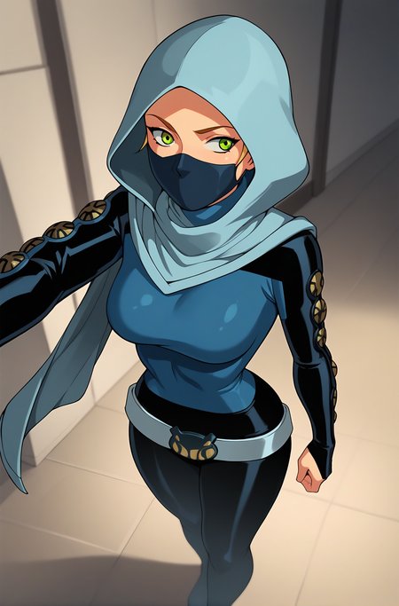 score_9, score_8_up, score_7_up, score_6_up, vivid colors, shiny skin, skindentation, deep skin, depth of field, high quality, highres, (dynamic angle,dynamic pose), source_cartoon
futuregwenxl, 1girl, solo, medium breasts, green eyes, belt, hood, shirt, long sleeves, scarf, looking to the side, mask, hood up, mouth mask, hooded bodysuit, gwen tennyson
BREAK
masterpiece,high quality
<lora:Future_Gwen_Ben10Pony:0.9>
