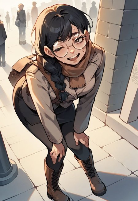 score_9, score_8_up, score_7_up, source_anime, woman, standing, bending over, tired, v legs, hands on knees,  looking to viewer,glance,   view from above,
long hair, black hair, single braid, eyes, round glasses, wool scarf,  black cropped jacket, tight skirt, leggings, boots, shoulder bag, sweating, tired face, happy, half open mouth, smile, one eye closed, city sidewalk background, snowy day