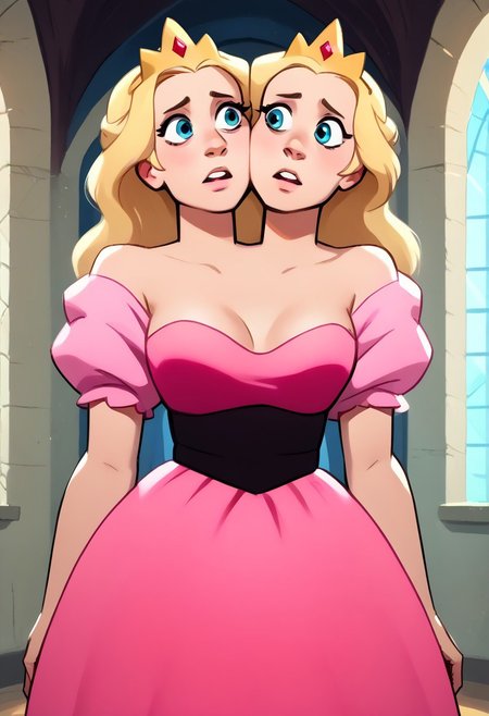 score_9, score_8_up, score_7_up, score_6_up, score_5_up,  <lora:st3v3nXLP:1> st3v3n, princess, puffy sleeves,cleavage, solo, medium breasts, off-shoulder pink dress, 1girl with twoheads, looking at each other, eye contact, long hair, blonde hair, blue eyes, indoors, castle, bedroom