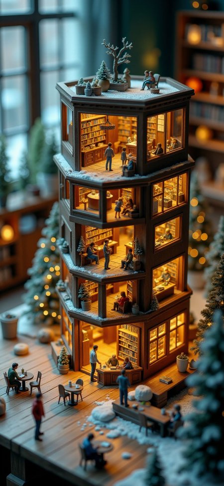 (indoors,indoor,isometric view,side view,tilt-shift lens:2), (fna_style,miniature,miniature,diorama,miniature,diorama,PVC,plastic:2),starry night,winter giant (multi layers of library with cafe hexagonal vertical:2.5) is located center, people, (in wooden square plate:3) (on table at study:3) <lora:Fantasy_Novel_Art_Style:1> <lora:Rostpunk:0.3>