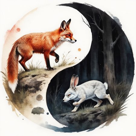 wet watercolor diyngyng style painting of a yin-yang formation, one side with a fox the other side with a rabbit showing that the fox is running after the rabbit through a dark forest