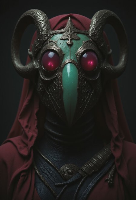 Closeup of a intricate sss translucent horned pink and Green Amber Skull mask, masterpiece, best quality, amazing quality, absurdres, newest, ultra-detailed, close-up, upper body portrait, female knight, dark fantasy armor, eerie atmosphere, imposing pauldrons, gothic aesthetic, high contrast, dramatic lighting, deep shadows, battle-worn metal, intricate engravings, mysterious expression, cinematic composition, dark environment, moody background, dark-mood-mod, translucent Red cape