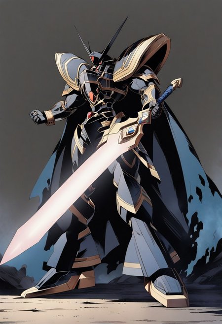 score_9, score_8_up, score_7_up, rating_safe,newest,makoto shinkai,1990s_(style),retro anime,1boy,solo,alphamon,digimon,masterpiece,detailed,best quality,safe,cape,standing,full body,energy sword,holding sword,hdr,dof