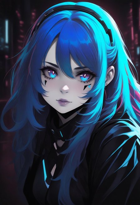 1girl, dual tone blue hair, CatGirlNeonStyle, pale skin, CatGirlStyle, Smooth Quality, dual tone coloring, adult, cybernetic enhancements, noir, !!!