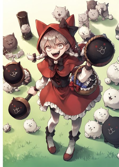 core_9, score_8_up, score_7_up, score_6_up, score_5_up, score_4_up,  <lora:Codename_Red_Riding_Mina_-_The_Battle_Cats:1> cnrrmina, 1girl, open mouth, animal ears, weapon, braid, hood, twin braids, fangs, basket, little red riding hood (grimm), evil smile, BREAK source_anime