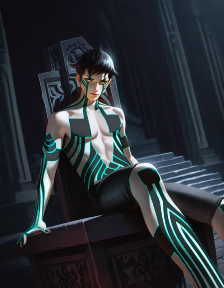 Masterpiece, hires, realistic, detailed face and eyes, ultra quality, cel-shaded, sharp lines, dry shading, Beautiful background,   <lora:Shin_Megami_Tensei_III_Demi-Fiend:1> 1boy , solo, demi-fiend, dynamic pose, walking, fury, dutch angle, yellow eye, night, darkness, indoor, absurd temple, neon ancient writings, sitting on throne