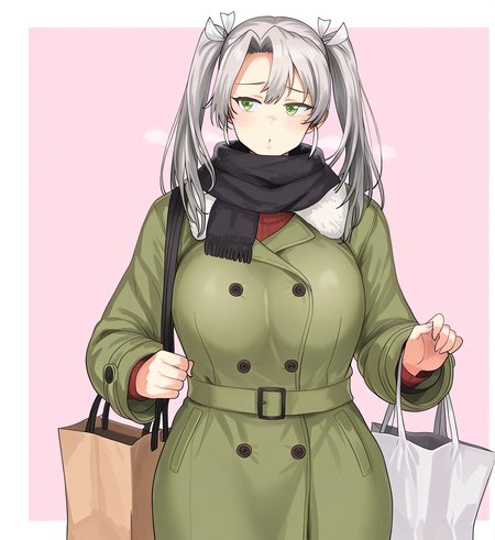 <lora:é¶´äºTsuruiPLANT:1.2>,1girl, (zuikaku \(kancolle\):0.9), huge breasts, wide hips, kantai collection, bag, black scarf, blush, coat, fur-trimmed coat, fur trim, green coat, green eyes, grey hair, hair ribbon, long hair, one-hour drawing challenge, pink background, ribbon, scarf, shopping bag, solo, twintails, two-tone background, upper body, white ribbon, 
very awa, masterpiece, best quality, highres, absurdes,amazing quality,very aesthetic,intricate details, <lora:hand 5.5:1>