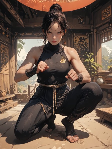 score_8_up, score_7_up, full body view, in a fighting pose, visible hands, dynamic pose, perfect contrasts, high quality textures, perfect hands anatomy, in ancient dojo <lora:Anicomix-Beta-style_ponyXL_LOREVER:0.5> <lora:Hands_SDXL_EauDeNoire:0.8>