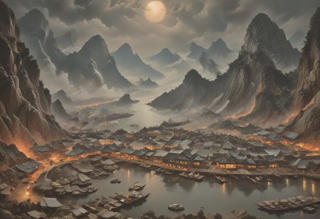 ((score_9, score_8_up, score_7_up, score_6_up)), ((Masterpiece)), (((Ha Long Bay, Halong Bay))), chinese meticulous ink, panorama landscape, dioramas, architecture, ships, wharf, sea, ((night-time, large moon)), dracula japan village, Japan, enchanted fortress and fortified castle, above the clouds, mystical atmosphere, detailed stone and wood walls, bloody mist swirls around, weibo, drawing, intimidating retro 90's, red, black, science fiction, a dark night sky lit by the glow of distant moons and neon lights. rockpunk, yoji shinkawa, James Jean, Ayami Kojima, village, <lora:EnvyPanoramaXL01:0.5>, Hand, detailed, perfect, perfection, hands, India Model, Beautiful, Photorealistic, chinese meticulous ink, illustration
