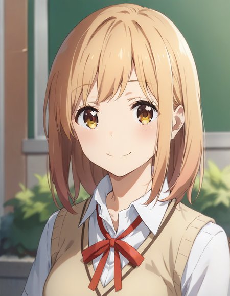 score_9,score_8_up,score_7_up,score_6_up,BREAK official art,solo,outdoors,smile,upper body,(portrait:1.5),cheek-to-cheek,looking at viewer,facing viewer,Yamada Yui,medium hair,blond hair,bangs,brown eyes,school uniform,neck ribbon,red ribbon,sweater vest,beige vest,white shirt,collared shirt,medium breasts,skindentation,short sleeves,miniskirt,red skirt,plaid skirt,pleated skirt,black socks,uwabaki,white footwear,<lora:Yamada Yui(asagao)-Pony · v2.0:1.2>,<lora:Smooth Anime Style LoRA XL:0.8>,