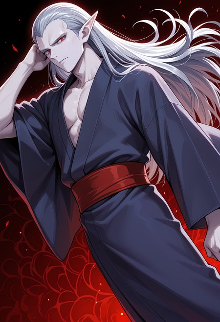 masterpiece, best quality, amazing quality, dutch angle, abstract background, BREAK
1boy, solo, male focus, ct_magus, red eyes, long hair, grey hair, purple skin, pointed ears, yukata, japanese clothing, BREAK
<lora:cfg_scale_boost:.6>  <lora:Magus_-_Chrono_Trigger_-_ILXL:1>