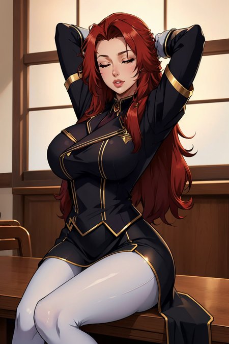 masterpiece, best quality,  <lora:irismidgar-nvwls-v1-000009:0.8> iris midgar, black coat, black uniform, long sleeves, gold trim, black skirt, white pantyhose, white gloves, large breasts, arms behind head, lips, wink, one eye closed, one eye open, sitting, table, mansion