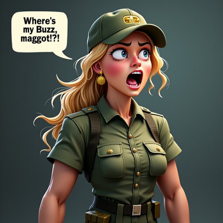 1woman, (solo, alone), (long curly blonde hair, ponytail, flowing down back), blue eyes, pale skin, muscular body, clothes (Olive Military shirt, Tactical vest, Tactical straps, gun holster, Military Cargo Pants, Sergeant Cap). Angry expression, speech bubble (Text: "Where's my Buzz, maggot?!"), shouting, screaming,
