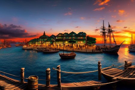 (masterpiece:1.2), (best quality,:1.2), 8k, HDR, ultra detailed, ((photorealistic)), perfect anatomy, professional light, cinematic lighting, fashion photography, ambient lighting, pire, ships, pier, outside a tavern over looking a busy harbor in the caribbean, colorful sunset