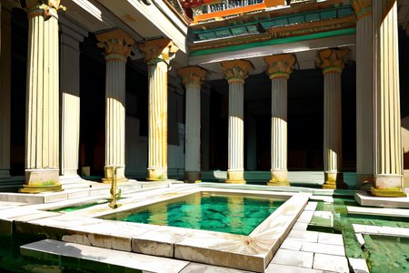 highly insanely detailed, masterpiece, top quality, best quality, highres, 4k, 8k, RAW photo, (very aesthetic, beautiful and aesthetic),  
Ancient Roman Interior Design,RomInt,ancient_roman_bathroom,Balneum,ancient_roman_atrium,compluvium,impluvium,pool, 
<lora:RomanInterior-10:0.7>, 
(1girl:1.3), 
1other, 
, 
, 
, 
(Yosemite_National_Park),real_world_location,landmark,pure orange background,pure black background,pure green background,(color splash background,bold color background,color stripes background), 
scenery,âââ