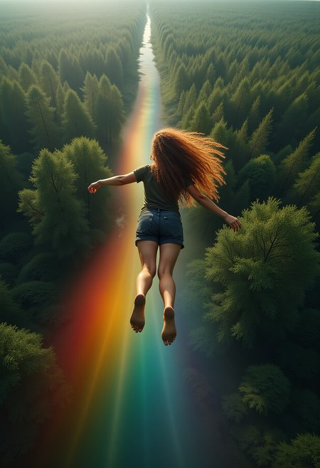 drone shot from above captures a woman with exaggerated long flowing curly hair riding a rainbow. her feet stretched behind she's body-gliding on a translucent rainbow wave. on the ground lush green forests stretch as long as the eye can see <lora:Dever_Flux_Enhancer:0.5>