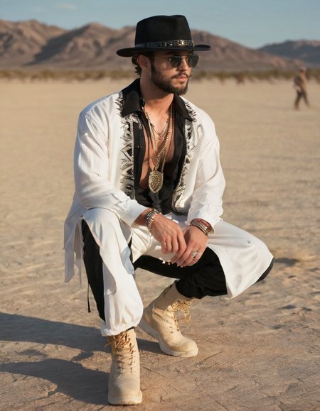 1boy, male focus, facial hair, hat, jewelry, necklace, open shirt, sunglasses, beard, squatting, black pants, white footwear, black headwear, outdoors, boots, desert, open clothes, black hair, beautiful, detailed background, highly intricate, elegant, dynamic, vibrant colors, romantic, glowing, sharp, inspirational, full color, epic light
 <lora:DesertFestivalXL_v2.0:.7>, , <lora:FILM_PHOTOGRAPHY_STYLE:0.25>