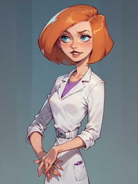 score_9, score_8_up, score_7_up, score_6_up, score_5_up, <lora:annpossibleXLP:1> ann possible, blue eyes, 1girl, solo, orange hair, short hair, lab coat,