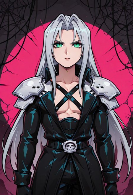 score_9,score_8_up,score_7_up,score_6_up, masterpiece, best quality, very aesthetic, 2d, ((thick lines)), vibrant saturated colors,
volumetric lighting, cinematic lighting, moody lighting, dramatic shadows,
detailed background, 
BREAK sephiroth, official outfit grey hair, long hair, very long hair, parted bangs, armor, open clothes, shoulder armor, long sleeves, pectorals, black jacket, jacket, black gloves, high collar, long bangs, black coat, green eyes, slit pupils, gothic noir background