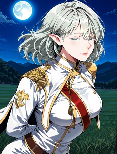 <lora:Alea_Triscan__The_Beginning_After_the_End__Illustrious:1>
1 girl, solo, elf, pointy ears, light blue eyes, grey hair, medium hair, hair behind ear, hair between eyes,ahoge,  military uniform, white cape, epaulettes, jewelry, white pants, long sleeves, white thigh boots, thighhighs, high heels, belt, white jacket, red sash
score_9, score_8_up, score_7_up, very aesthetic, source_anime, detailed, high quality, beautiful, masterpiece, detailed eyes, field, blurry background, pose dynamic angle, upper body, cowboy shot, light smile, floating hair, half-closed eyes, hands behind back, leaning forward, looking forward, looking at viewer, night, blue moon, <lora:iLLMythG0thicL1nes:1>