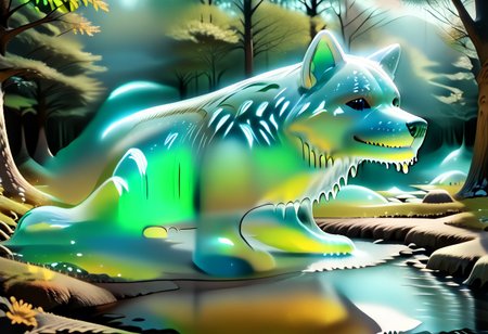 animal_guardian, wolf, Wolf made out of slime, slime wolf in a forest, forest made out of slime, 
natural light, no bright spots, 
((translucent slime)), ((transparent slime)), made of water, (bioluminescent slime), sl1m3, slime, slime-morph, ais-blmn, saturated colors, no creatures, no humans, no monsters, no pokemon, scenery only, scenery, ral-lava, watce