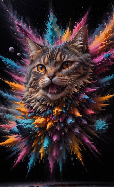 Mind blowing depth and foreground clarity, abstract details, distinctive visuals, Intricate and Exquisite Definition, Painstaking Attention To Details (Very Intricate), (UHD), <lora:3D_Framed_Wall_Art_-_By_DICE:1>, (3D Framed, Cat), (Unreal Details), (Exquisite intricacies)  <lora:Colorful_Powder_Explosion_-_By_DICE:1>, Colorful Powder Explosion, <lora:Milky-Way_Sky_-_By_DICE_For_Cosmogonaut:1>, Milky way,