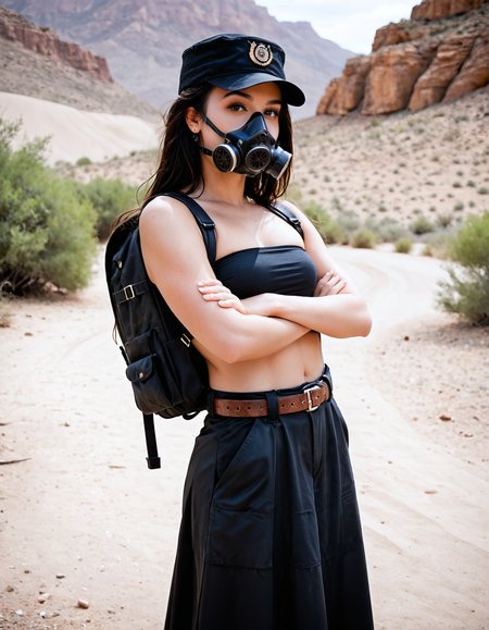 score_9_up, score_9, score_8_up, score_8, score_7_up, Melissa, Upper body photo. 1girl walkng through the desert. (Wearing a black spandex tube top, long skirt with cargo pockets, military desert camoflauge boonie hat, and gas mask:1.2). Backpack straped to her back. Carrying a gun. Lots of straps and belts holding pistol, flashlight and canteen strapped to her body. Professional photo. Highly detailed beautiful expressive eyes. Detailed clean soft delicate face. Sunny Day. 35mm photograph, film, bokeh, professional, highly detailed dynamic lighting, photorealistic, 8k, raw, rich, intricate details, realistic, realism. <lora:Melissa_Not_a_Real_Person:1>