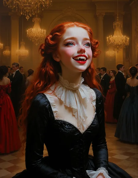 masterpiece, high quality, Oil Painting, Hyper-realistic, close-up of a distinguished young teen Victorian vampire girl, impeccably dressed in a finely tailored midnight-black frock dress with subtle crimson accents, enters a grand ballroom with exuberant delight. Her embroidered with intricate gothic patterns, catches the golden glow of ornate chandeliers suspended high above. Her neatly styled long hair frames a pale but lively face, where sharp fangs flash in an open, joyous smile. In one gloved hand is lifted, as she courtseys adding to her sophisticated air. The ballroom is filled with elegantly dressed guests, their gowns sweeping the polished marble floor, as musicians play a lively waltz in the corner. The vampire's presence is welcomed warmly, with nobles and ladies curtsying and bowing, their expressions a mix of fascination and delight. The scene is opulent, rich with deep velvets, gilded mirrors, and soft candlelight reflecting off crystal chandeliers, evoking the grandeur of Victorian society. The vampire, a creature of charm and etiquette, fully embraces the merriment, an eternal night of celebration unfolding before her. Her face is a pale, almost translucent white, with lips painted a vivid red. The lips are slightly parted, revealing sharp, gleaming white fangs. Her long red hair cascades around her face. Enchanted blue eyes. She is wearing a tight black dress, featuring a tightly corseted bodice. Her dress is simple yet regal, radiating understated beauty. brush strokes, warm light, magic, extremely coherent, cute, beautiful, cinematic, stunning, creative, positive, cheerful, unique, cool, inspiring, pure, rational, very inspirational, friendly, thought, glowing, magical, perfect, intricate, wonderful, lovely, del1cate_balance style, in the style of Rembrandt. vantablack <lora:style_of_Rembrandt_FLUX_135:.8> <lora:- Flux1 - vanta_black_V2.0:.8>  <lora:Delicate_Balance:.3> <lora:neeeg_f1:-1> <lora:FluxF4ngs:.8>