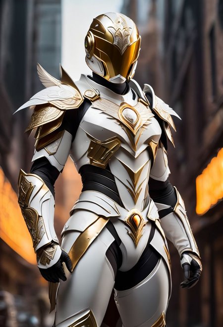 The White Ranger, helmet showcases an elegant design with a golden beak, silver feather patterns, and a deep amber-tinted visor. The armor includes a chest plate adorned with a gold filigree emblem, shaped pauldrons, segmented arm armor, and flexible pristine white fabric. Completing the ensemble are plated knee and shin guards, boots with feather designs, and a golden-hued belt buckle. cyberpunk art style, Shounen Anime Style, cyberpunk alien city background, full--body, highly--detailed, bokeh--focus, soft Analogous colors, extremely wide-angle, FastNegativeV2, squat, fighting pose, knee on ground