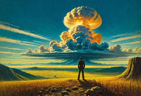 a man standing, looking at a distant mushroom cloud on the horizon, pulp cover art