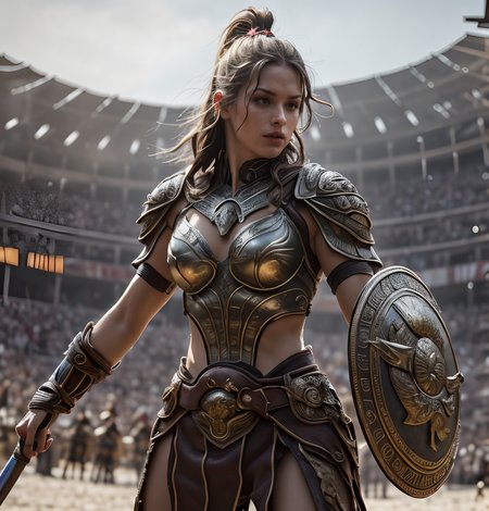 RAW photo, (masterpiece:1.3), subsurface scattering, heavy shadow, (high quality:1.4), (intricate, high detail:1.2), professional photography, HDR, High Dynamic Range, realistic, ultra realistic, photorealistic, high resolution, film photography, ambient lighting, atmospheric effects, <lora:detail_slider_v4:2>, OverallDetail, a muscular female gladiator wearing intricate armor, shoulder armor, belt, cape, breastplate, <lora:Gladiator1:0.6>, upper body shot, in a fantasy arena, holding a shield, dynamic fighting pose, spectator crowd, (perfect hands), <lora:Arena:0.56>,  <lora:zoom_slider_v1:1>, epiCPhoto
