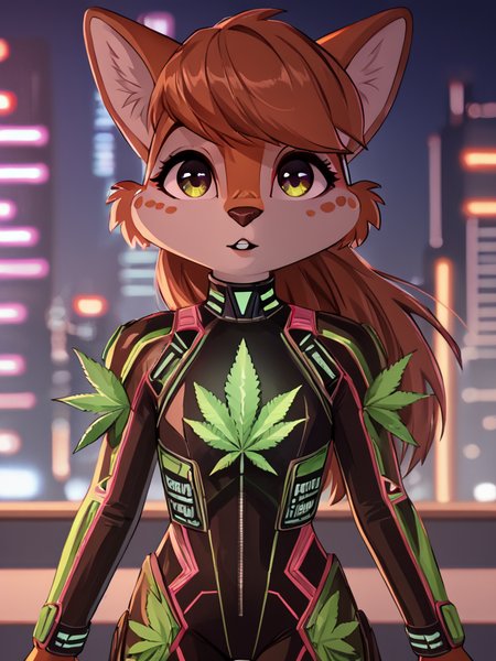 score_9, score_8_up, score_7_up,score_6_up, score_5_up, score_4_up,  BREAK
 <lora:420FuturismPony:0.8> 420futurism,
hemp clothing, 1girl, solo, female focus,looking at viewer, bodysuit, city lights, parted lips,neon clothes
<lora:edna_school_days:0.8>, edna,1girl, furry solo, animal ears,solo,