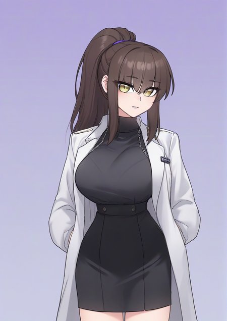 1girl,black skirt, black sweater, brown hair, chain, closed mouth, clothes writing, coat, contrapposto, eyes visible through hair, gradient background, hands in pockets, head tilt, high-waist skirt, high ponytail, long sleeves, looking at viewer, open clothes, open coat, pencil skirt, ponytail, purple background, skirt, solo, standing, sweater, white coat, yellow eyes  <lora:Rodeong:1>