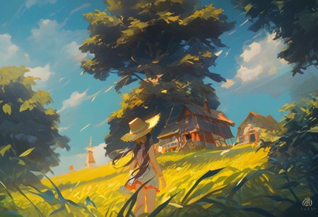 girl looking up at a lone windmill on hill, pas0, sbfte, d4rkv1b3, (score_9, score_8_up:1.1), score_7_up, jill stingray, twintails, straw hat, from behind, looking at the earth, awawa, golden wheat field, summer heat, setting sun, trees, small cottage, sc3nery, vibrant colors, high contrast,