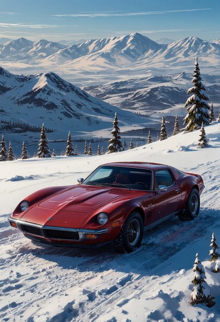 masterpiece photo realistic, red 70s sports car, chrome accents around the windows, black rims, shiny new paint, on a snowy setting high in the mountains, you can see mountain peeks around
