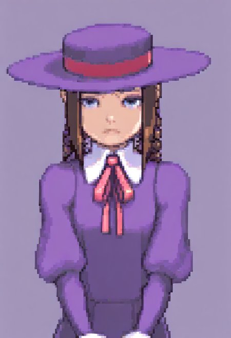 masterpiece, best quality, solo, looking at viewer, 1girl, light frown, <lora:Ace-Attorney-Portraits-illus_Fp:1>, portrait, upper body, pixel art, simple background, <lora:Anita-illus_Fp:1>, anitavc, brown hair, blue eyes, twin braids, hat, collared dress, purple dress, long sleeves, wrist cuffs, ribbon,