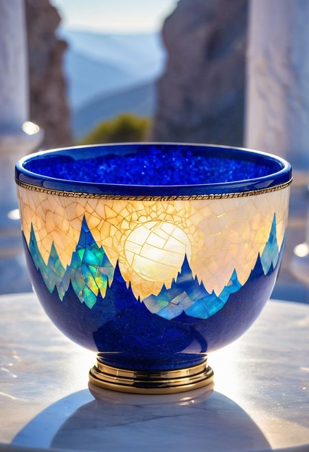a bowl made of (lapis Lazuli: 1.29) Kintsugi water, (made of opal: 1.59), (divine iridescent glowing: 1.39), (opalescent textures: 1.39), glowing in the early morning light. (in the background Pillars of elven magic towers made of white stone) on distant hillsides, volumetric light, ethereal, sparkling, studio photo, highly detailed, sharp focus (ornate fantasy architecture)
