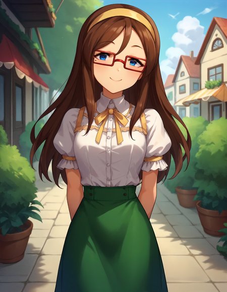 score_9,score_8_up,score_7_up,1girl,solo,cowboy shot,looking at viewer,smile,arms behind back,outdoors,
<lora:furusawayoriko_ponyXLV6:0.8>,cgfy,
brown hair,long hair,blue eyes,mole under eye,red-framed eyewear,
yellow hairband,white shirt,puffy short sleeves,green pencil skirt
