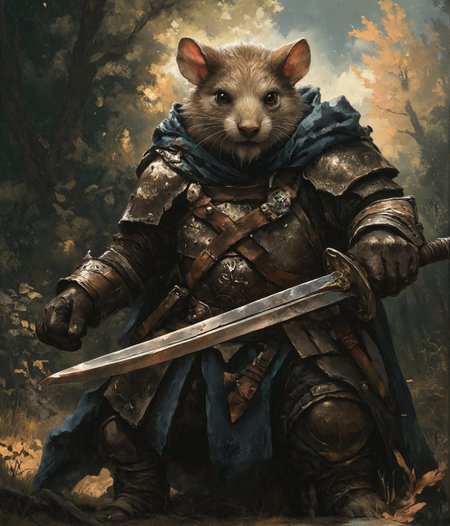 cinematic photo highly detailed portrait of a wise old mouse warrior (intricate armor:1.4) in a dark woolen cloak with a sword, (fur:1.4),deep dark forest background, (shallow depth of field:1.4), foliage, global illumination, radiant light, detailed and intricate environment #cinematic, light shafts, dust motes  sparkles, (Extremely Detailed Oil Painting:1.2), glow effects, godrays, Hand drawn, render, 8k, octane render, cinema 4d, blender, dark, atmospheric 4k ultra detailed, cinematic sensual, Sharp focus, humorous illustration, big depth of field, Masterpiece, colors, 3d octane render, 4k, concept art, trending on artstation, hyperrealistic, Vivid colors, extremely detailed CG unity 8k wallpaper, trending on ArtStation, trending on CGSociety, Intricate, High Detail, dramatic . 35mm photograph, film, bokeh, professional, 4k, highly detailed