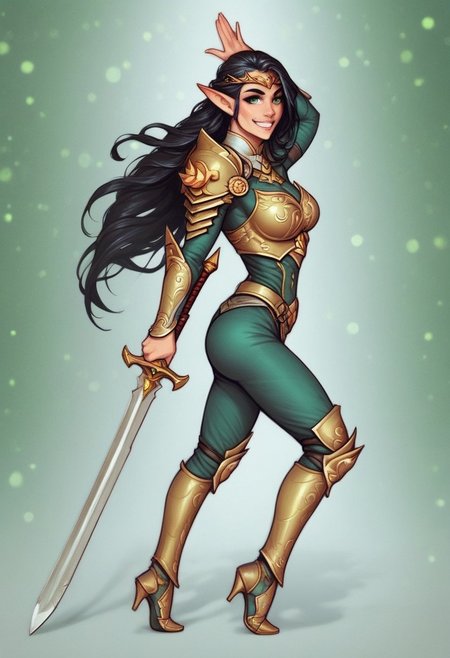1girl, (((side view))), from front, 1girl, illustration, comic style, highly detailed, skinny, model body, looking at viewer, 1girl, masterpiece, best quality, naestra, solo, pointy ears, black hair, long hair, elf, 1girl,  green eyes, half face mask, <lora:Naestra:1.3>, (((dynamic pose)))
BREAK
(((Warhammer Fantasy Battle style)))
((Elven gold Lamellar armor)), green clothes, ((((elven sword in hand)))), dynamic pose, ready to fight
BREAK
slight smile, looking at viewer
long hair, black hair, big hair, green eyes
best quality, depth of field, bokeh, (((full clothed))), dynamic pose
BREAK 
(wild forest:1.2) score_9, score_8_up, score_7_up, score_6_up, source_cartoon, rating_explicit, Expressiveh, ((((full body))))), dynamic pose, dynamic pose